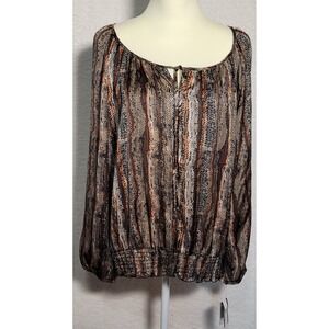 Women's Blouse AB Studio Sz XL Long Button Sleeves Elastic‎ Waist Silky NWT 0412